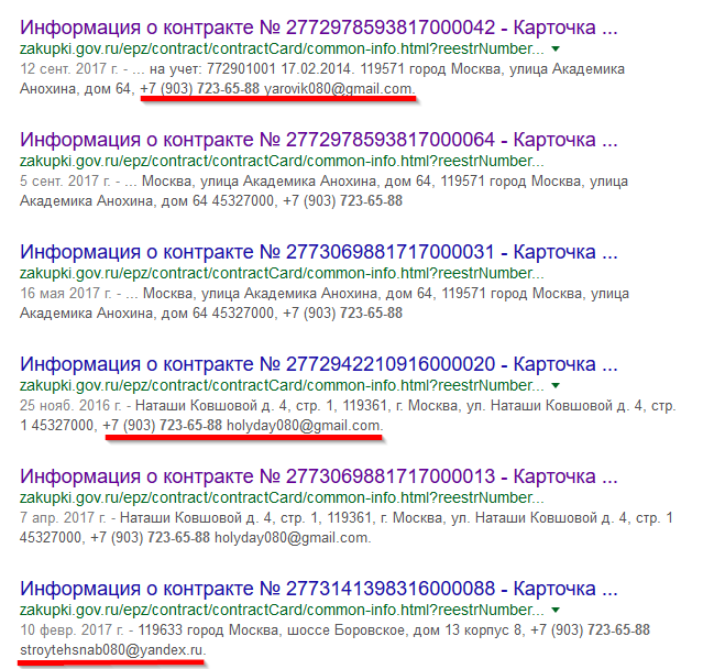 Часть результатов поиска по номеру телефона на портале zakupki.gov.ru
